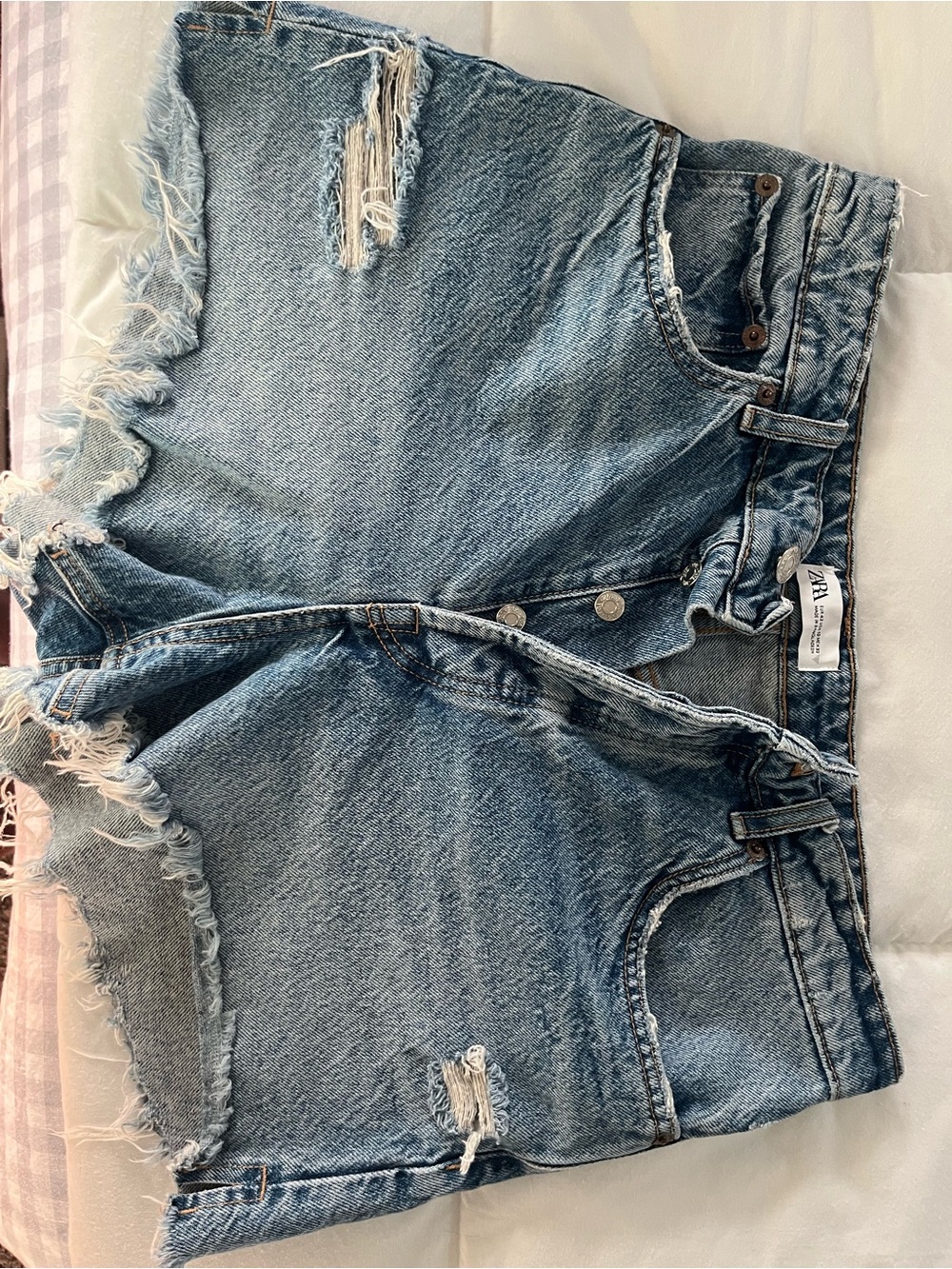 ZARA Distressed Light Blue High-Waist Denim Shorts